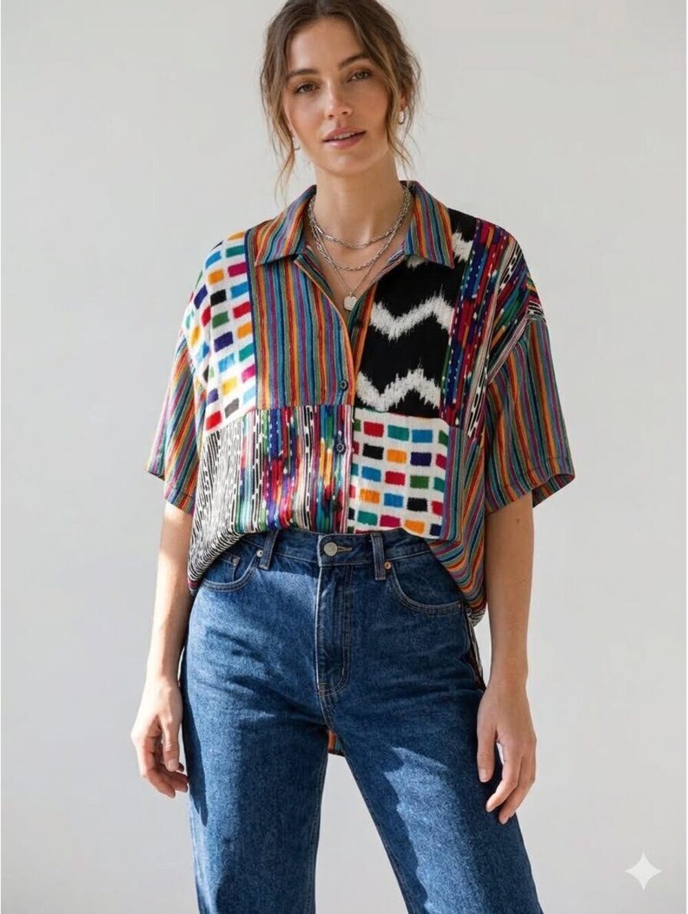NWT Carole Little Sport Multicolor Patchwork Button-Up Shirt Size 14